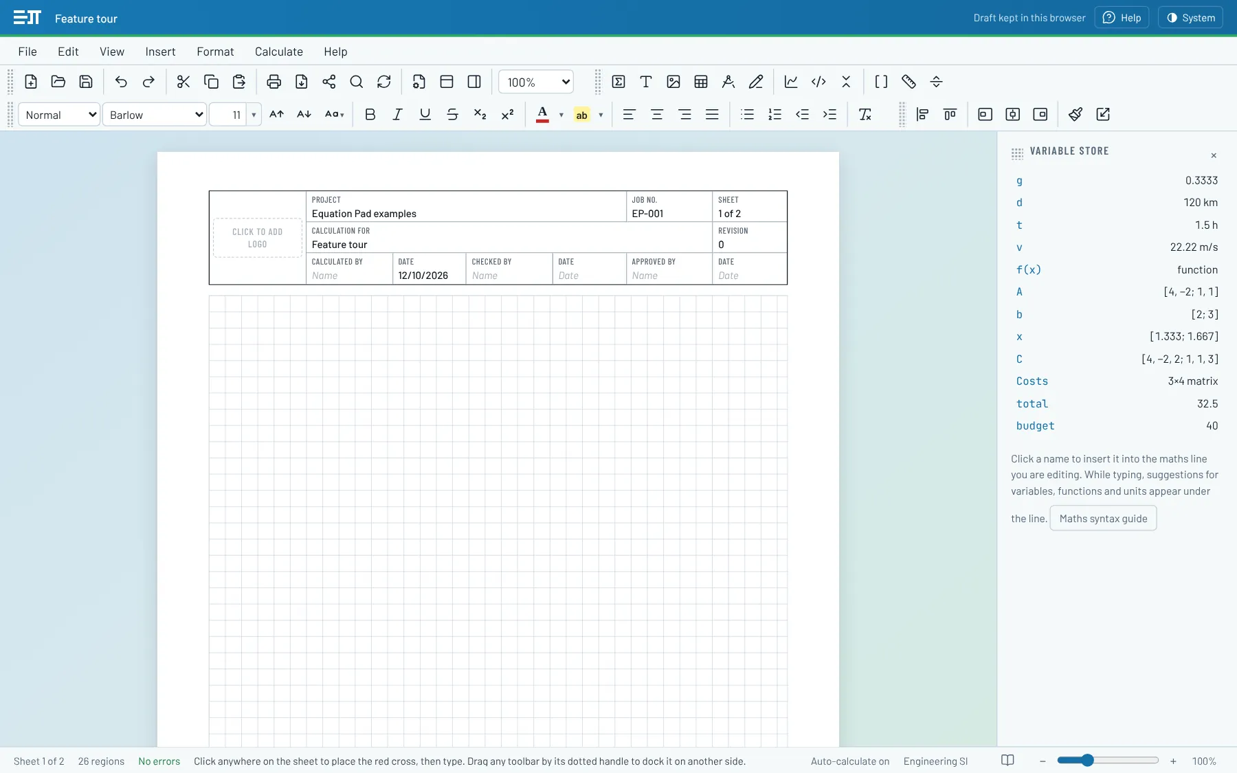 The Equation Pad window filling up line by line: a calculation sheet with a title block, typeset equations with units, and the list of variables on the right.