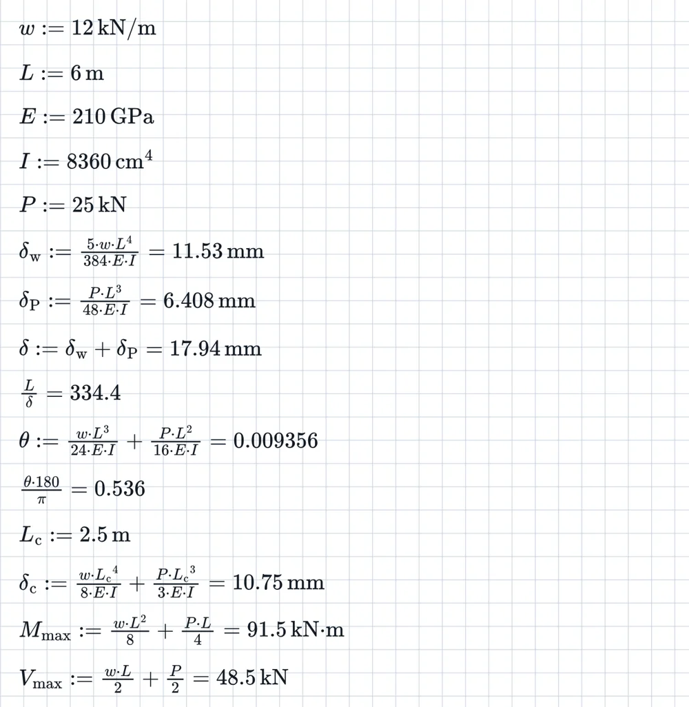 Beam deflection calculation in Equation Pad with typeset equations and results in mm.