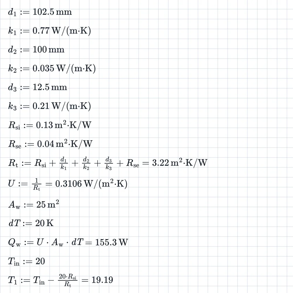 U-value of a layered wall calculated in Equation Pad.