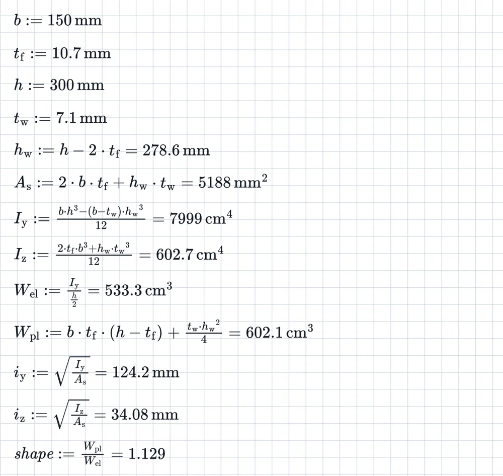 Section properties of an I-section calculated in Equation Pad.