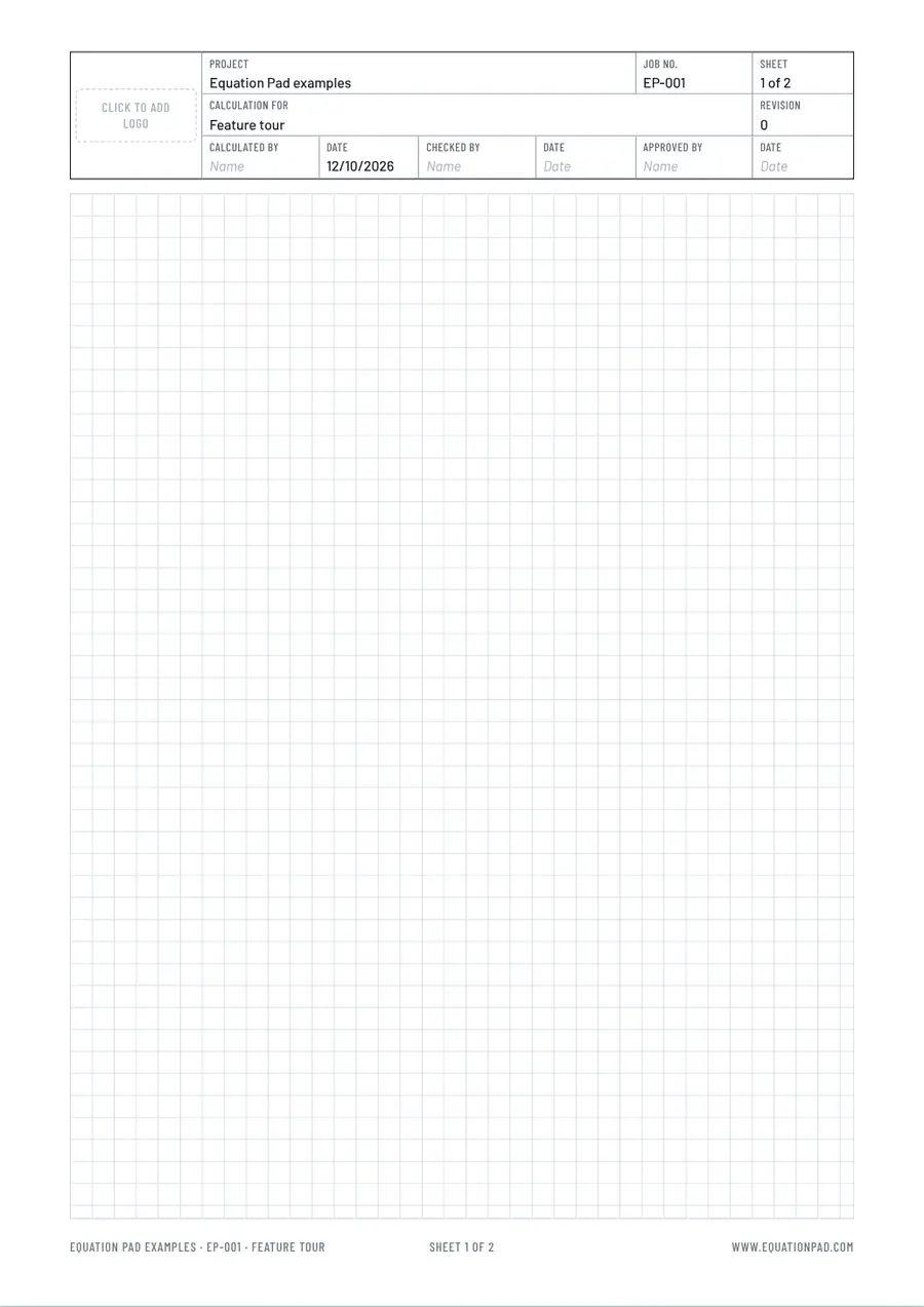 Animation: a calculation sheet with title block, logo box and squared grid filling up with typeset maths.