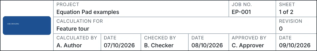 The title block of a calculation sheet with logo box, project details and sign-off boxes.