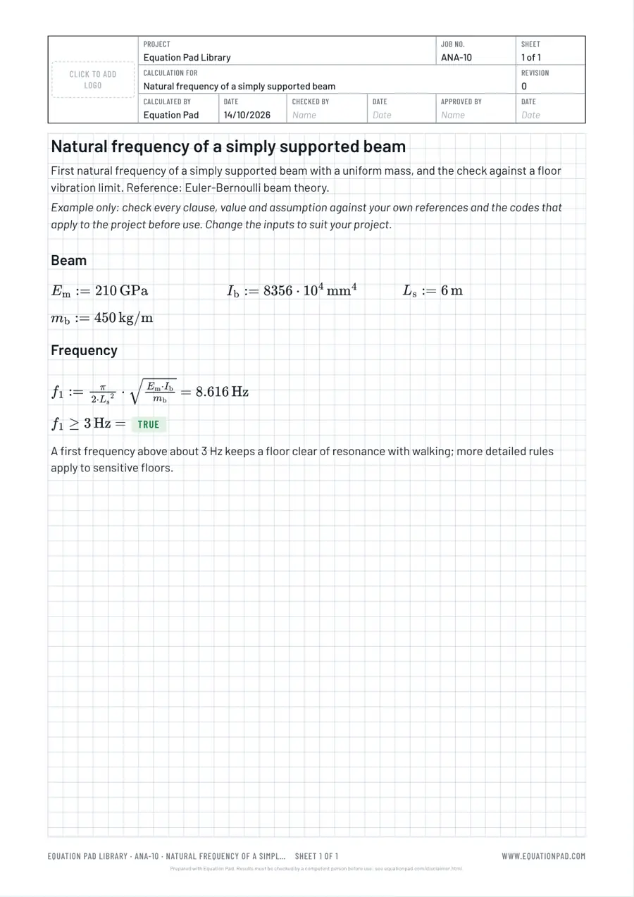 Natural frequency of a simply supported beam: worked example sheet in Equation Pad with typeset equations and results.