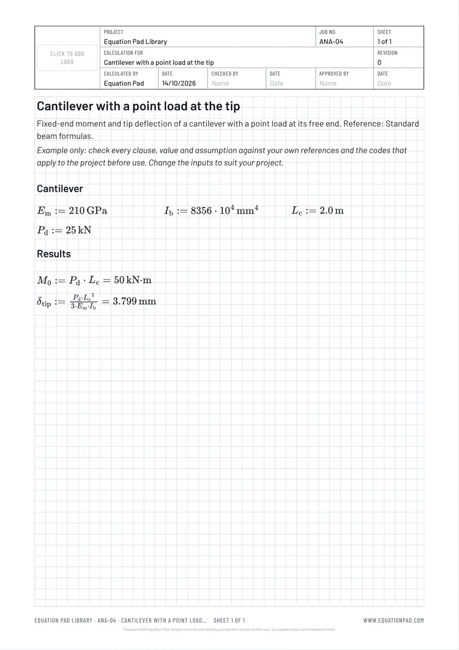 Cantilever with a point load at the tip: worked example sheet in Equation Pad with typeset equations and results.