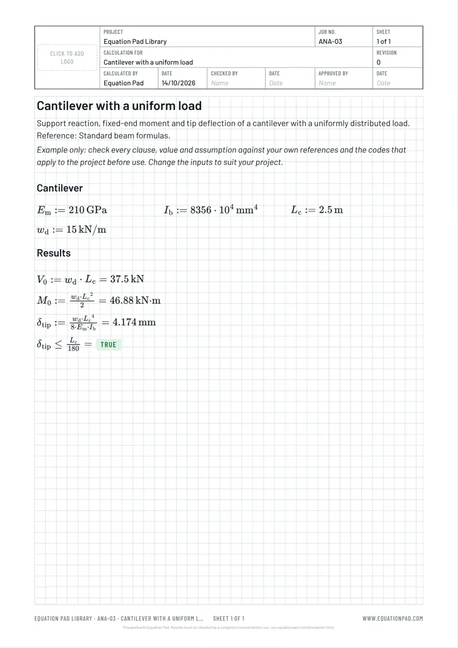 Cantilever with a uniform load: worked example sheet in Equation Pad with typeset equations and results.