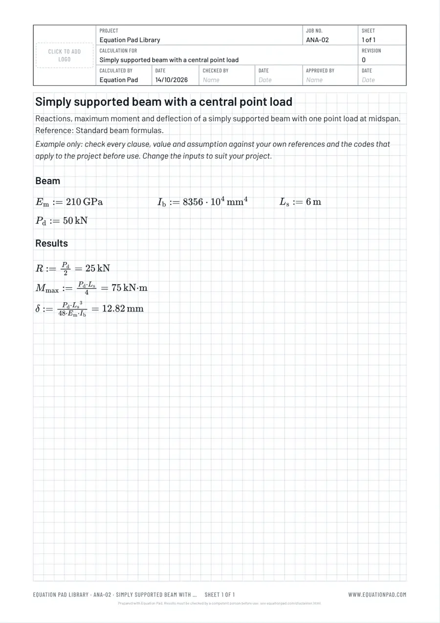 Simply supported beam with a central point load: worked example sheet in Equation Pad with typeset equations and results.