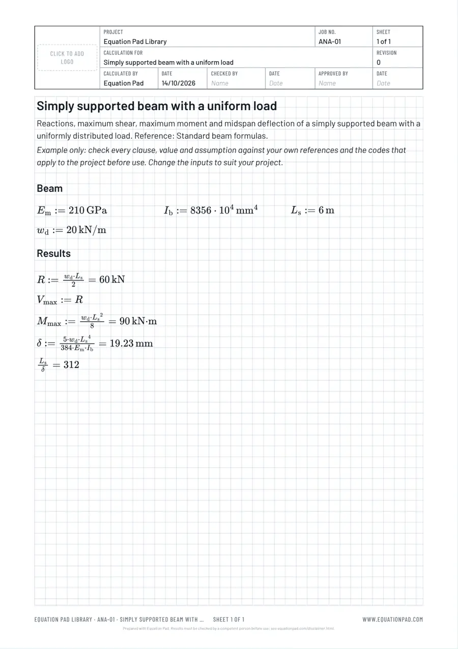 Simply supported beam with a uniform load: worked example sheet in Equation Pad with typeset equations and results.