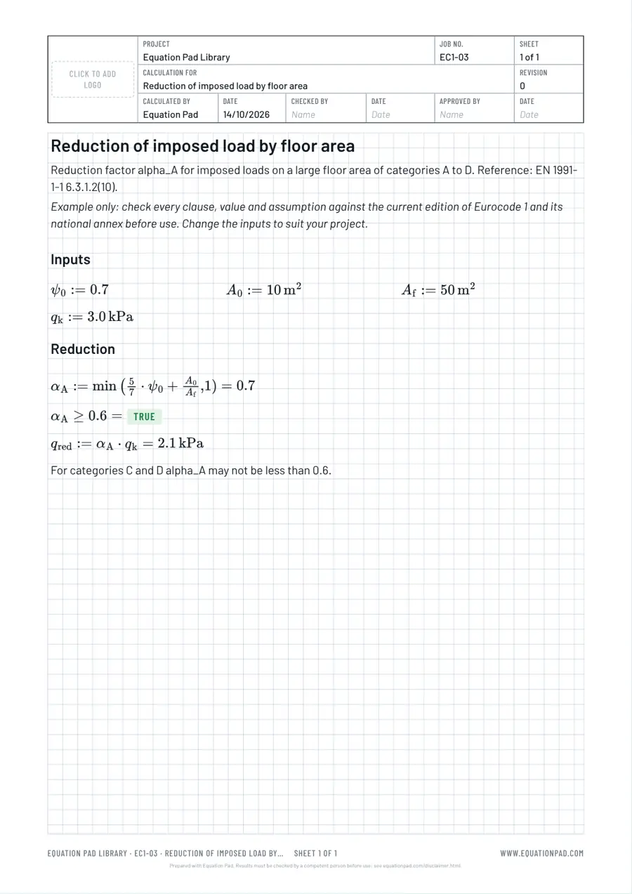 Reduction of imposed load by floor area: worked example sheet in Equation Pad with typeset equations and results.