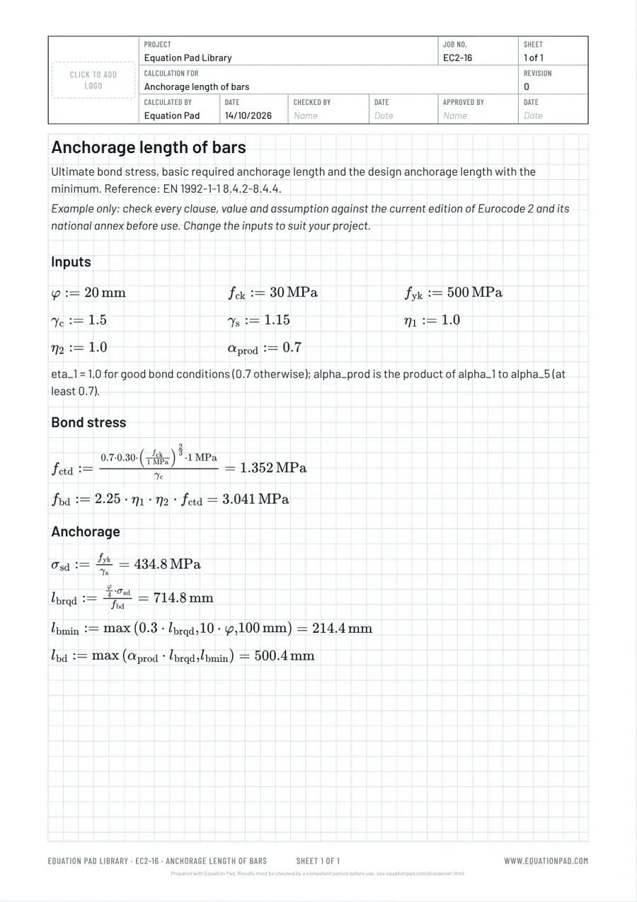 Anchorage length of bars: worked example sheet in Equation Pad with typeset equations and results.