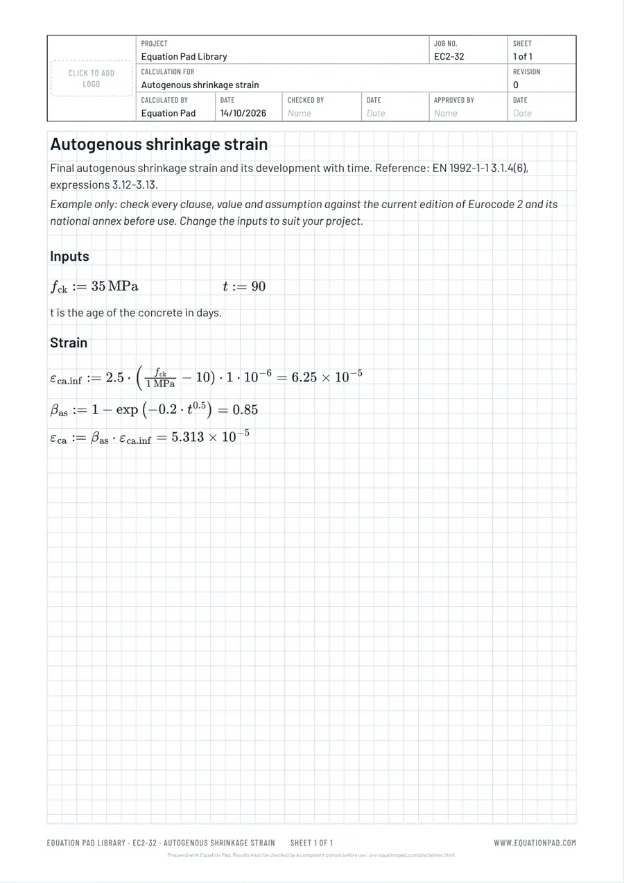 Autogenous shrinkage strain: worked example sheet in Equation Pad with typeset equations and results.