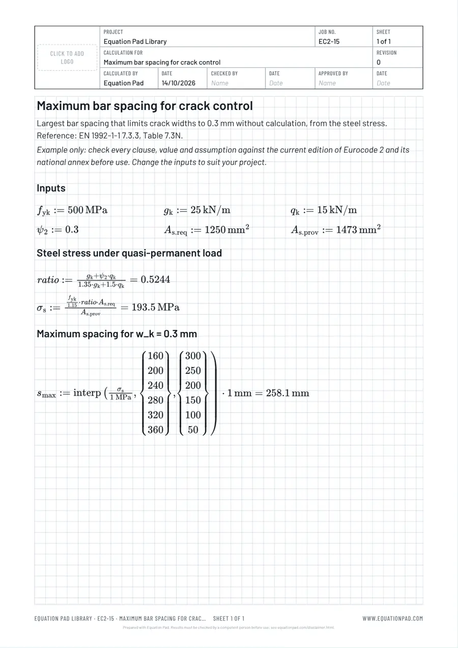 Maximum bar spacing for crack control: worked example sheet in Equation Pad with typeset equations and results.
