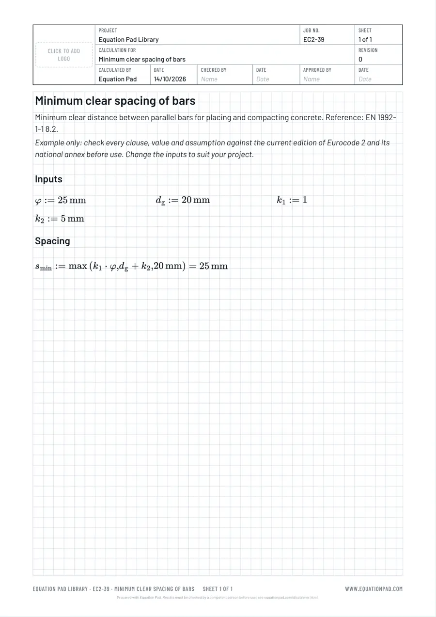 Minimum clear spacing of bars: worked example sheet in Equation Pad with typeset equations and results.