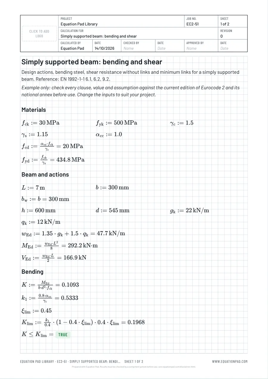Simply supported beam: bending and shear: worked example sheet in Equation Pad with typeset equations and results.