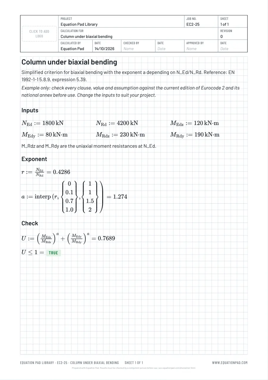 Column under biaxial bending: worked example sheet in Equation Pad with typeset equations and results.