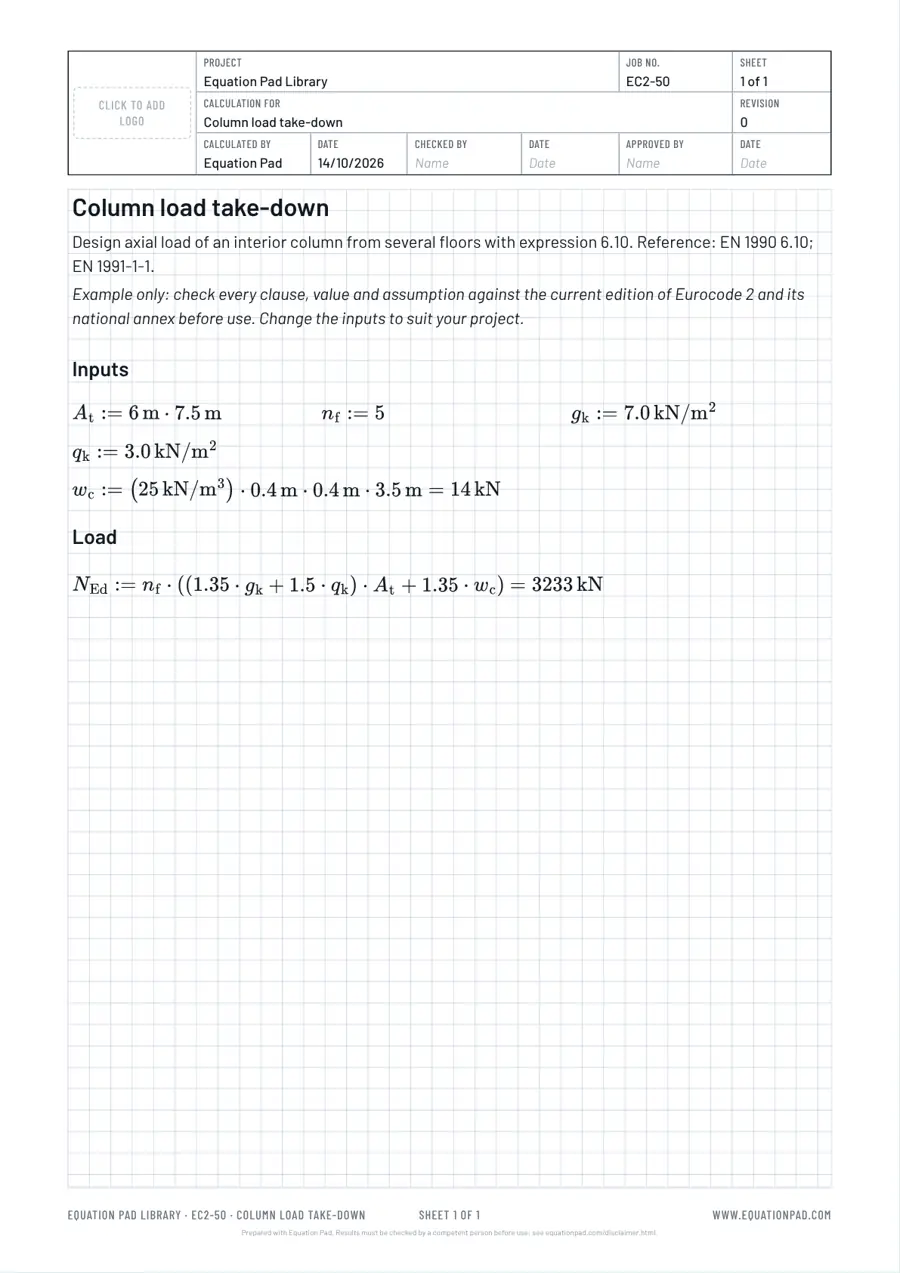 Column load take-down: worked example sheet in Equation Pad with typeset equations and results.