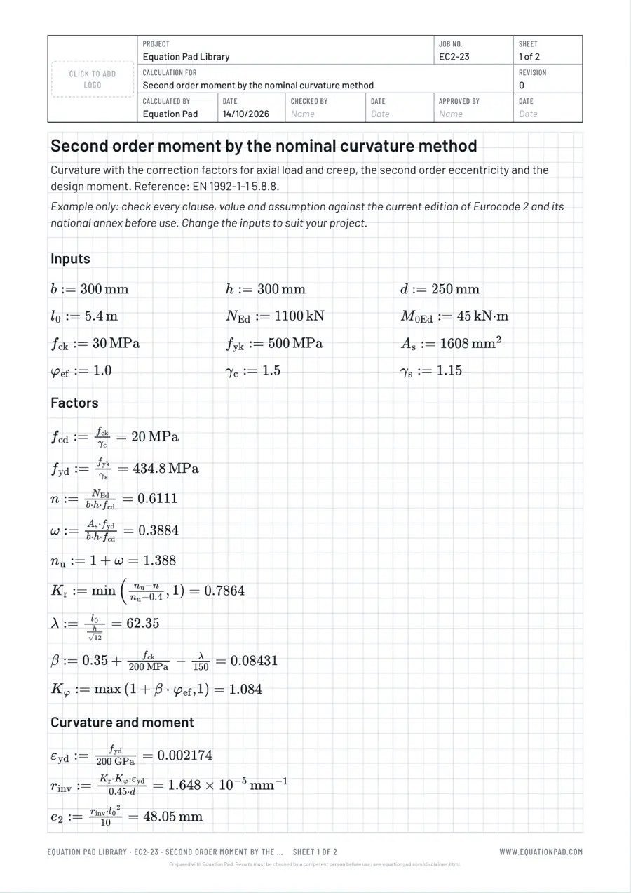 Second order moment by the nominal curvature method: worked example sheet in Equation Pad with typeset equations and results.
