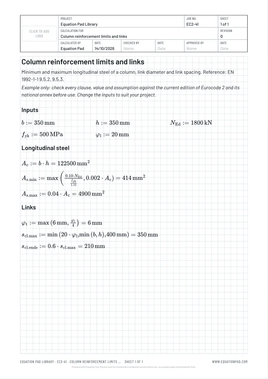 Column reinforcement limits and links: worked example sheet in Equation Pad with typeset equations and results.