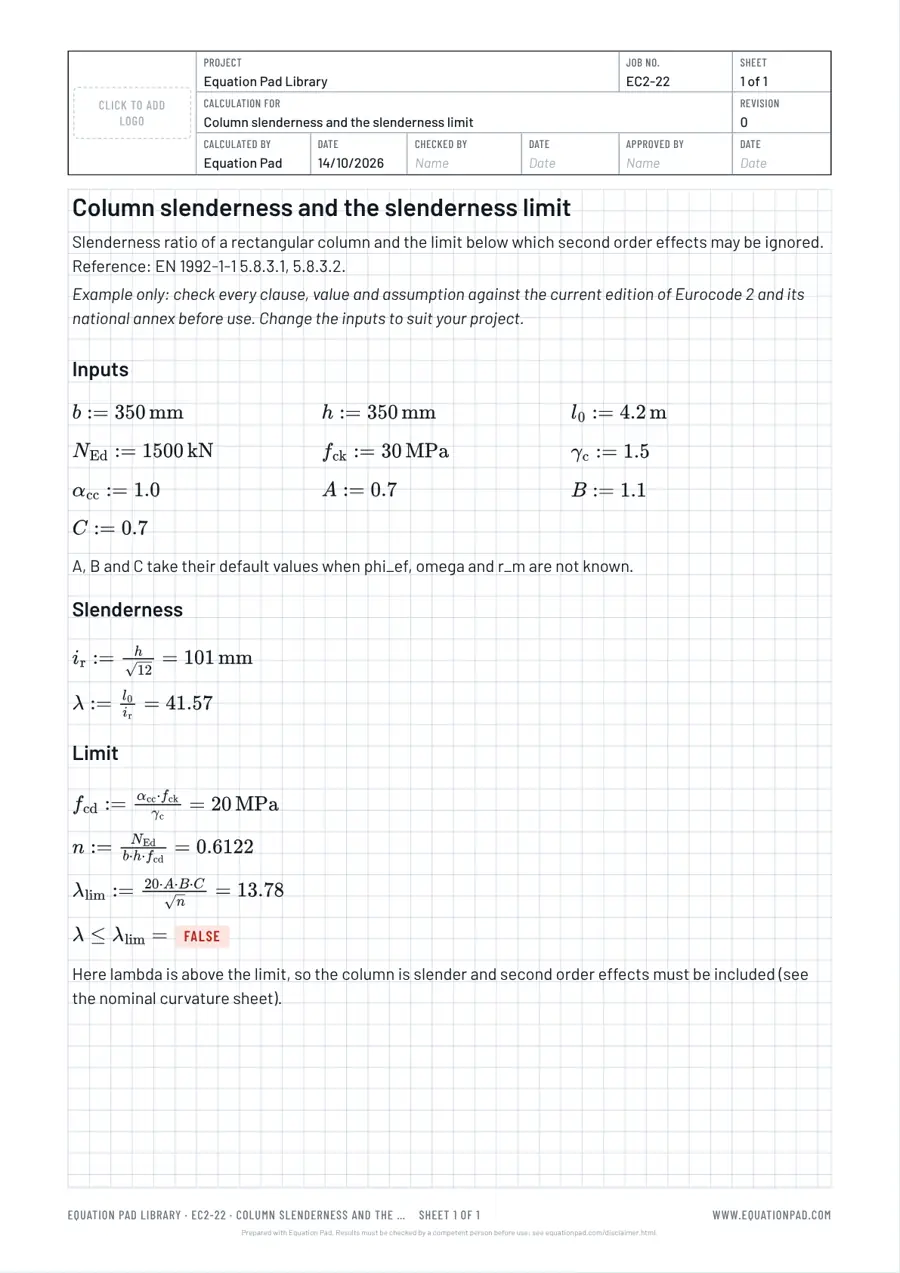 Column slenderness and the slenderness limit: worked example sheet in Equation Pad with typeset equations and results.