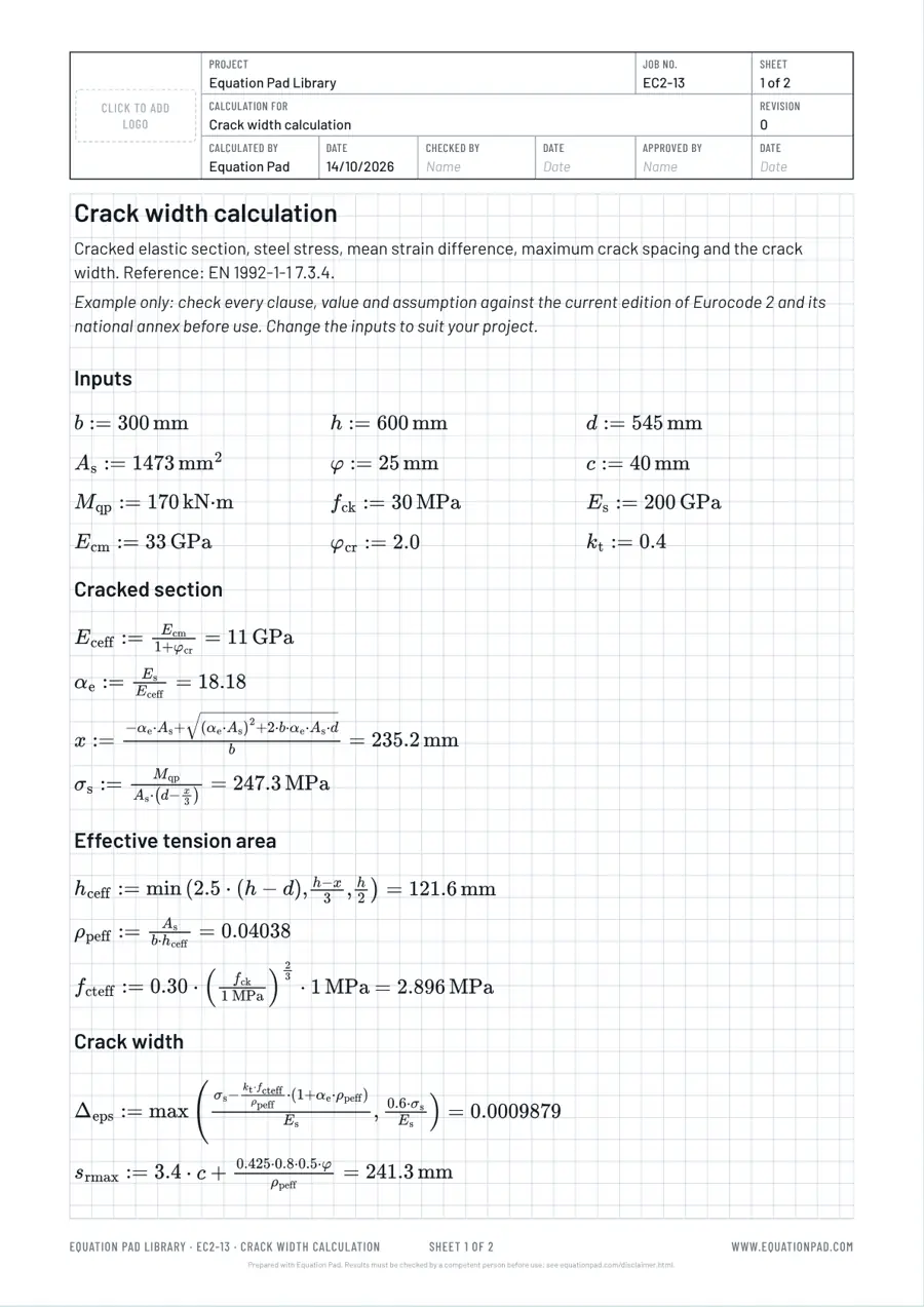 Crack width calculation: worked example sheet in Equation Pad with typeset equations and results.