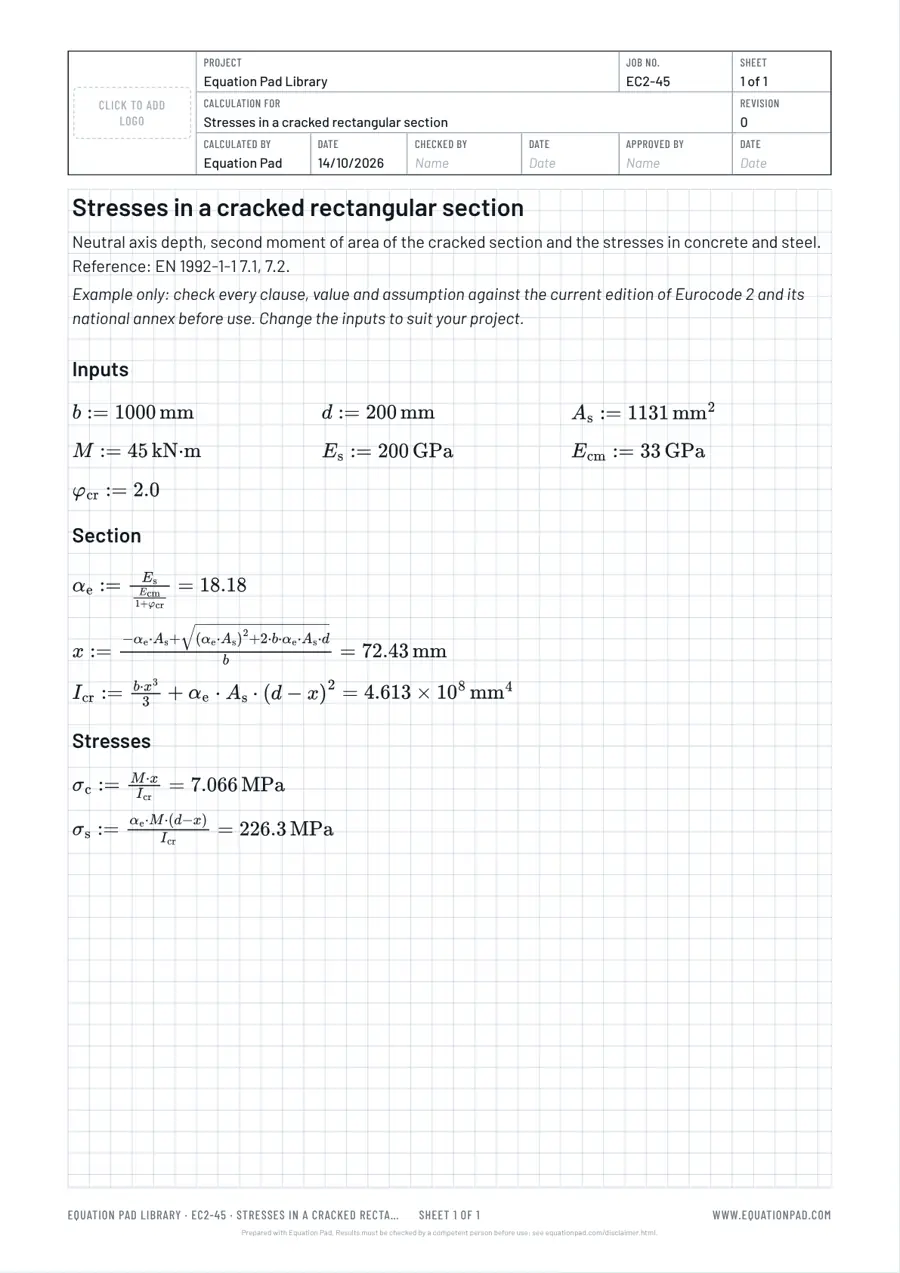 Stresses in a cracked rectangular section: worked example sheet in Equation Pad with typeset equations and results.