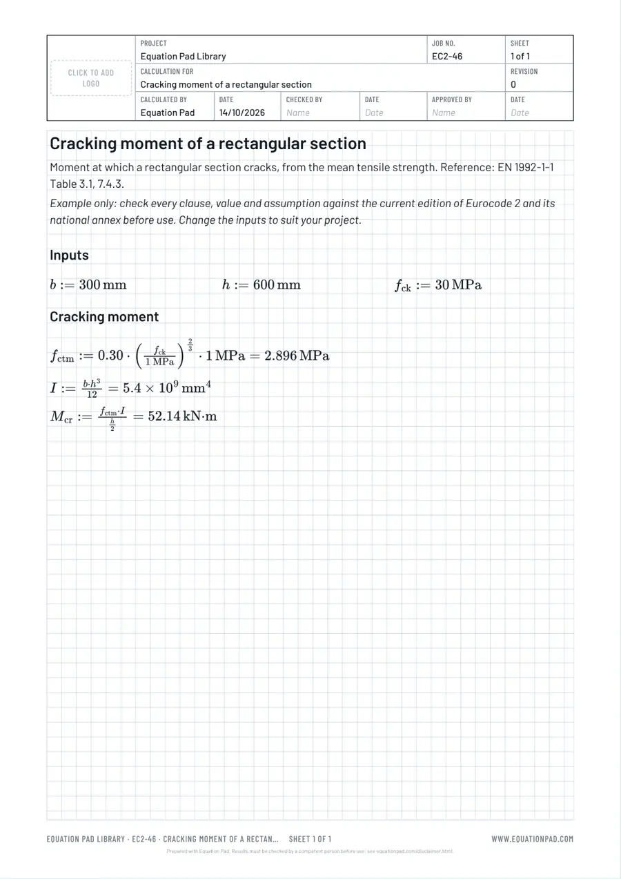 Cracking moment of a rectangular section: worked example sheet in Equation Pad with typeset equations and results.