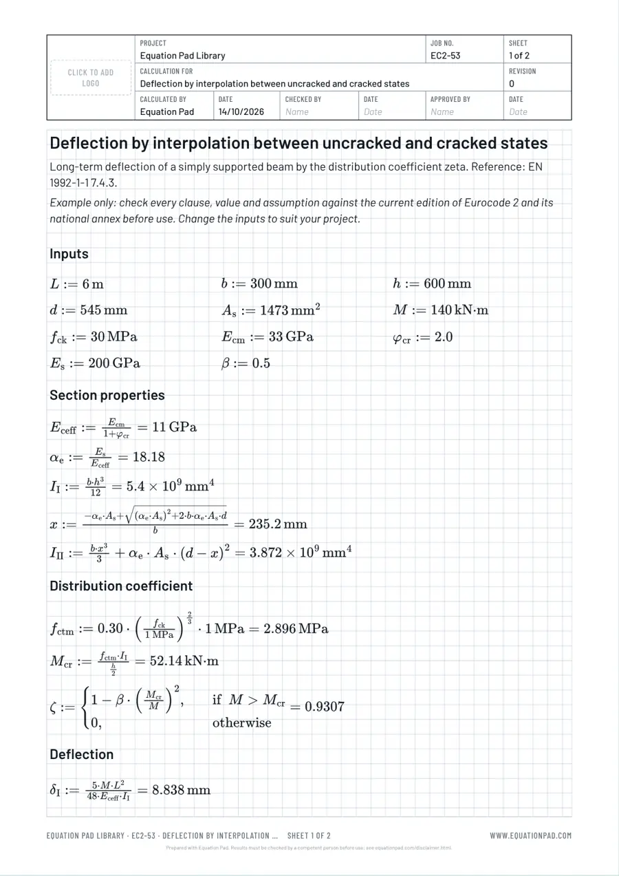Deflection by interpolation between uncracked and cracked states: worked example sheet in Equation Pad with typeset equations and results.