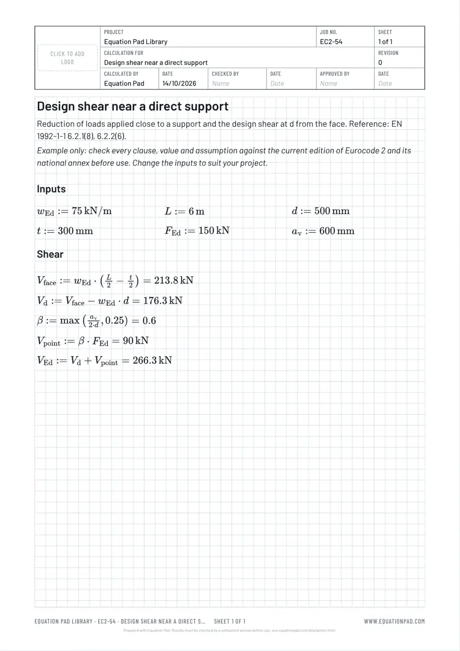 Design shear near a direct support: worked example sheet in Equation Pad with typeset equations and results.