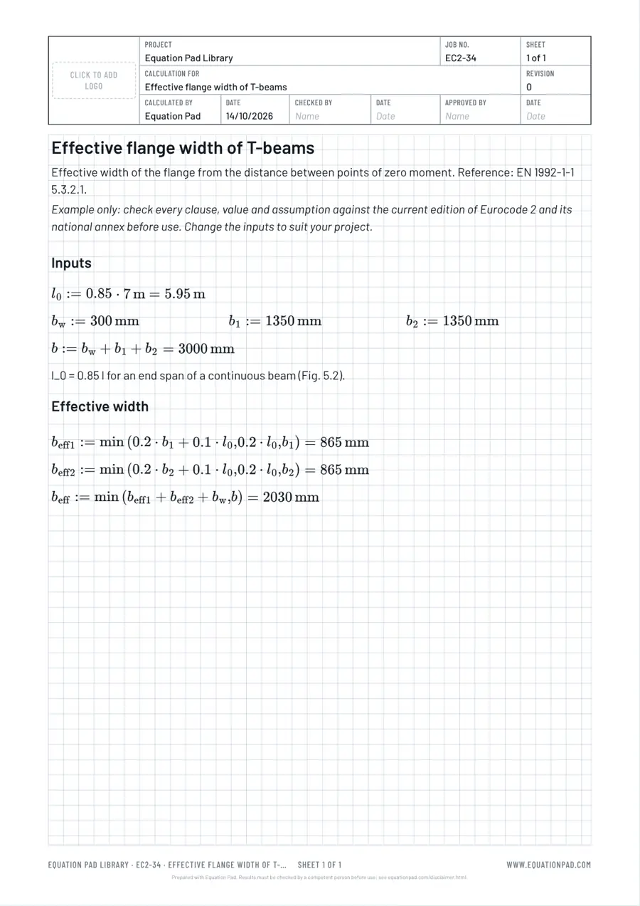Effective flange width of T-beams: worked example sheet in Equation Pad with typeset equations and results.