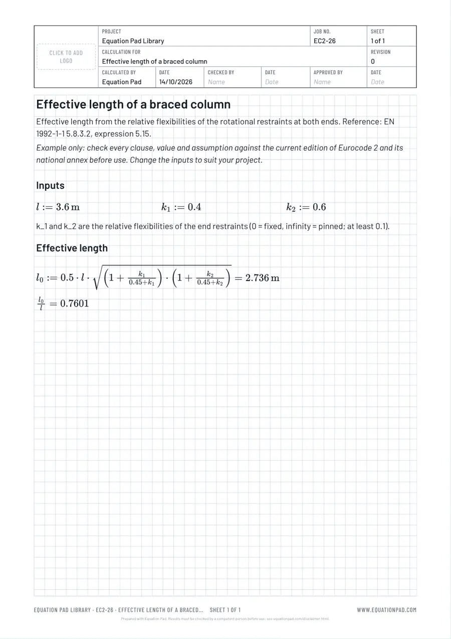 Effective length of a braced column: worked example sheet in Equation Pad with typeset equations and results.