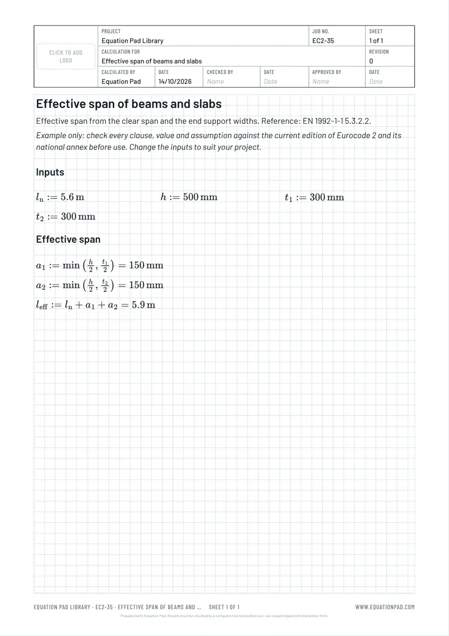 Effective span of beams and slabs: worked example sheet in Equation Pad with typeset equations and results.