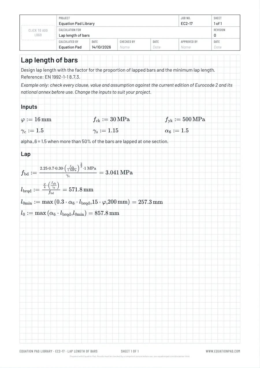 Lap length of bars: worked example sheet in Equation Pad with typeset equations and results.