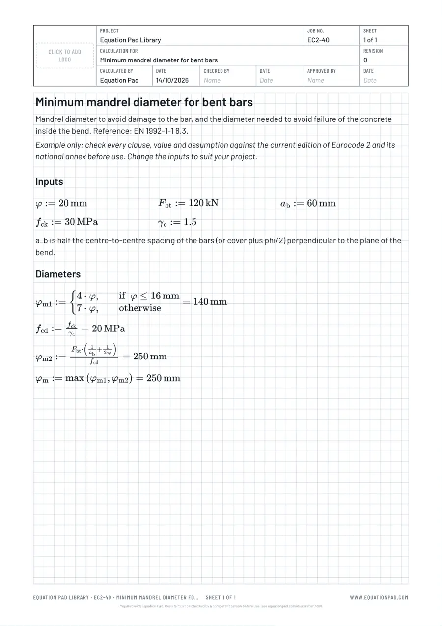 Minimum mandrel diameter for bent bars: worked example sheet in Equation Pad with typeset equations and results.