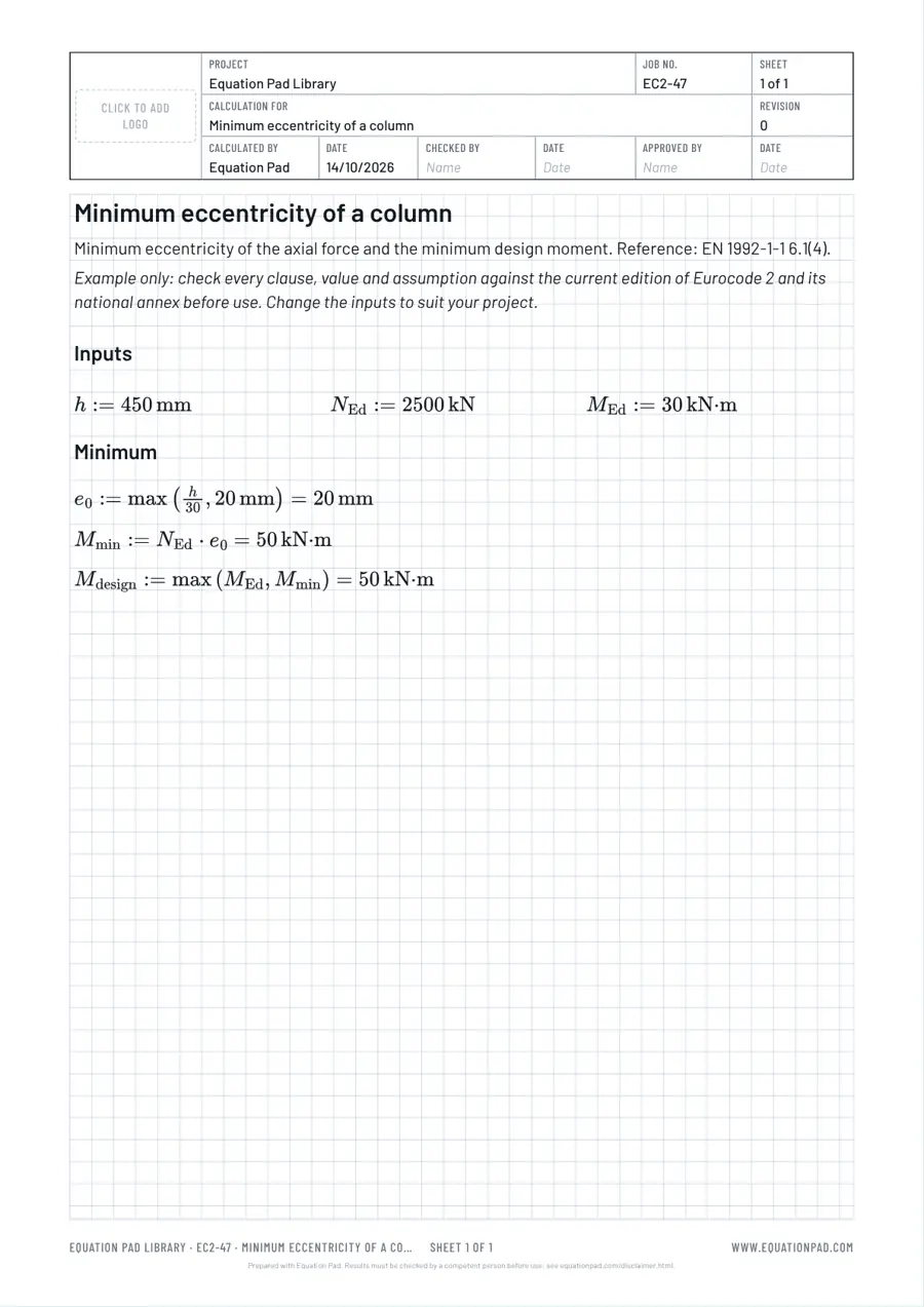 Minimum eccentricity of a column: worked example sheet in Equation Pad with typeset equations and results.