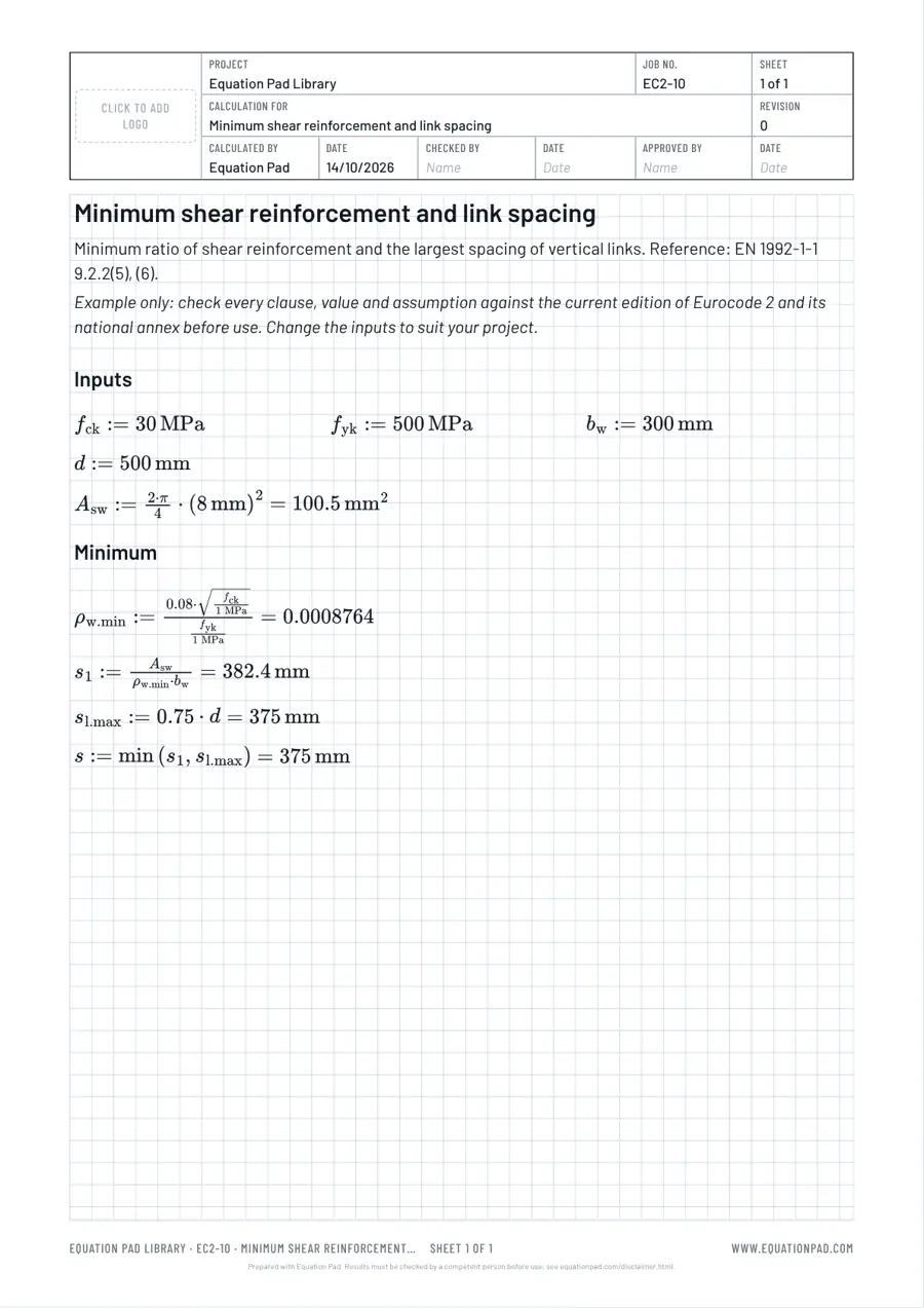 Minimum shear reinforcement and link spacing: worked example sheet in Equation Pad with typeset equations and results.