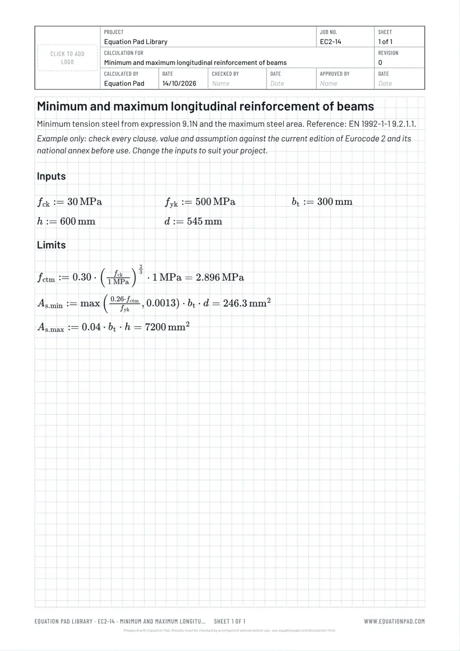 Minimum and maximum longitudinal reinforcement of beams: worked example sheet in Equation Pad with typeset equations and results.