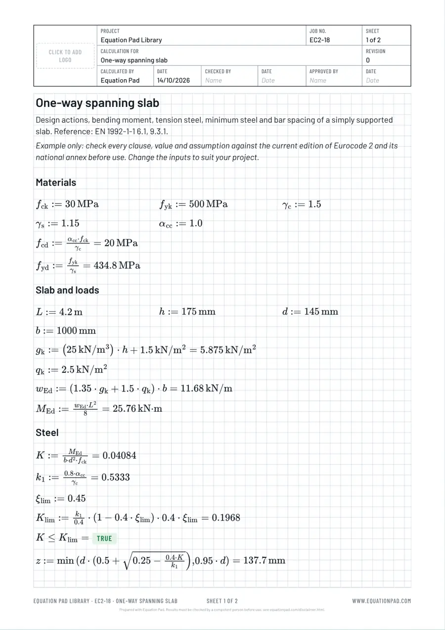 One-way spanning slab: worked example sheet in Equation Pad with typeset equations and results.
