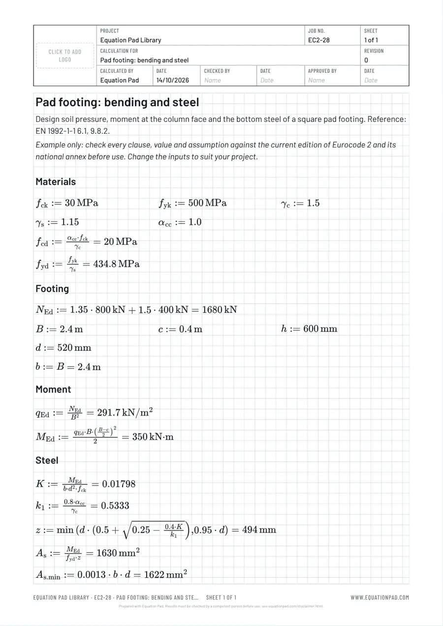 Pad footing: bending and steel: worked example sheet in Equation Pad with typeset equations and results.