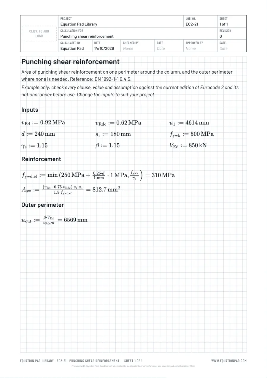 Punching shear reinforcement: worked example sheet in Equation Pad with typeset equations and results.