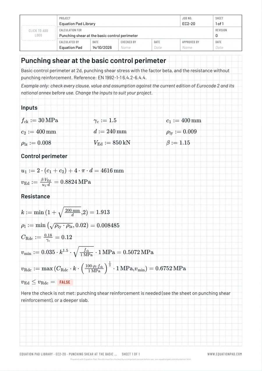 Punching shear at the basic control perimeter: worked example sheet in Equation Pad with typeset equations and results.