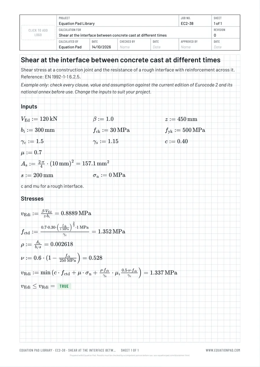 Shear at the interface between concrete cast at different times: worked example sheet in Equation Pad with typeset equations and results.