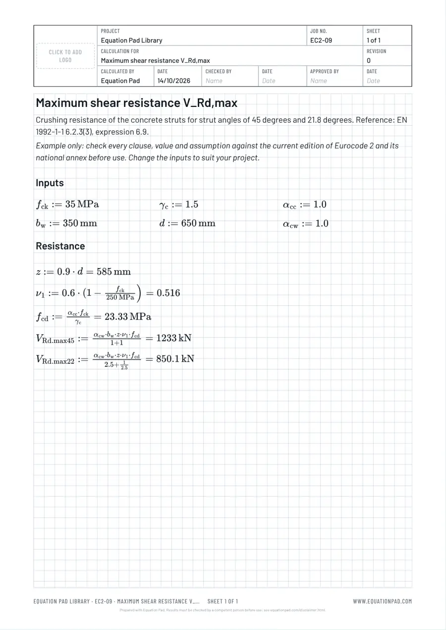 Maximum shear resistance V_Rd,max: worked example sheet in Equation Pad with typeset equations and results.