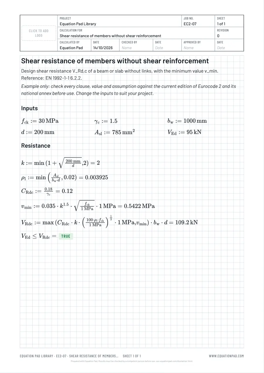 Shear resistance of members without shear reinforcement: worked example sheet in Equation Pad with typeset equations and results.