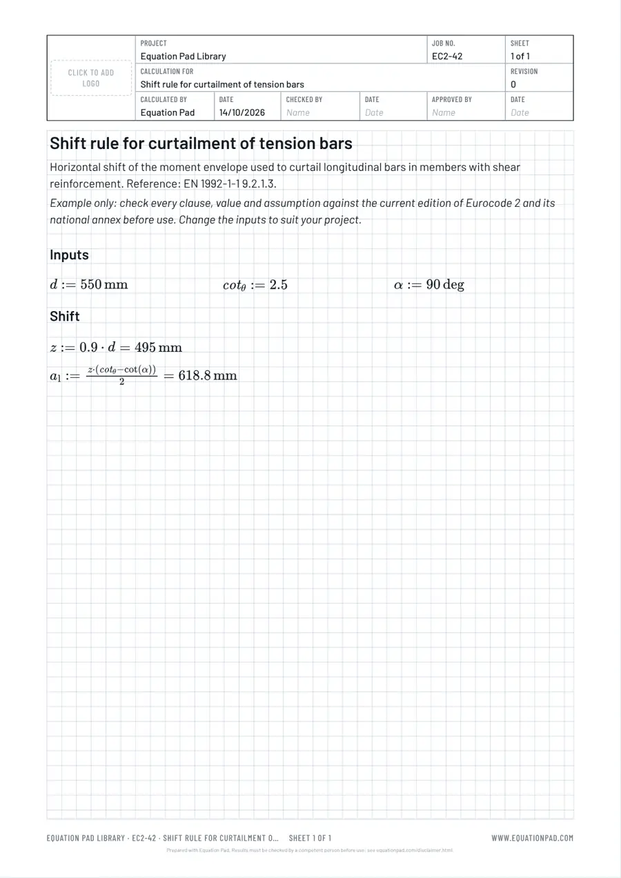 Shift rule for curtailment of tension bars: worked example sheet in Equation Pad with typeset equations and results.
