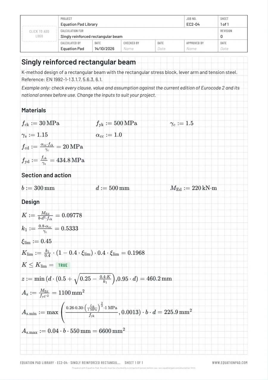 Singly reinforced rectangular beam: worked example sheet in Equation Pad with typeset equations and results.
