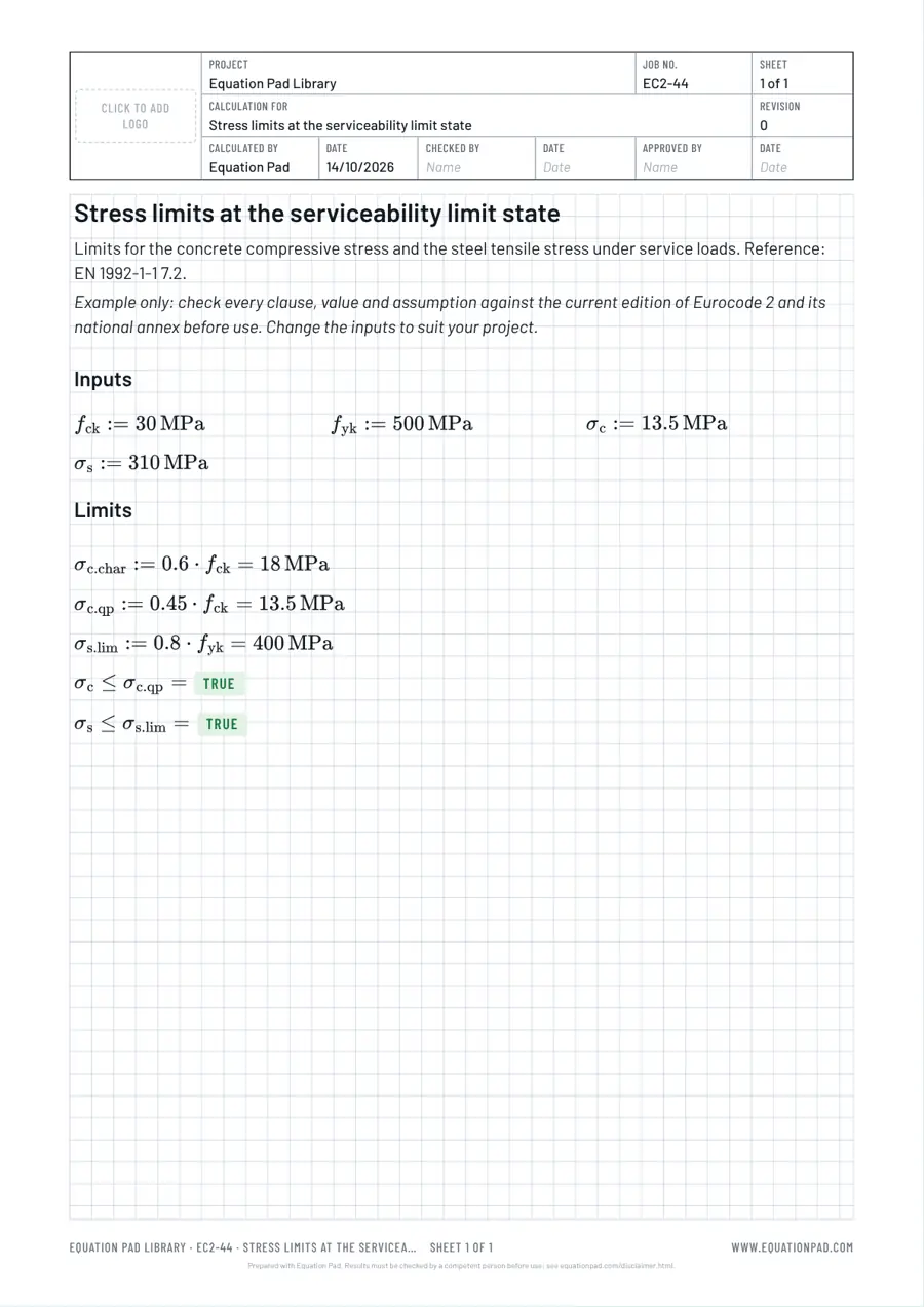 Stress limits at the serviceability limit state: worked example sheet in Equation Pad with typeset equations and results.