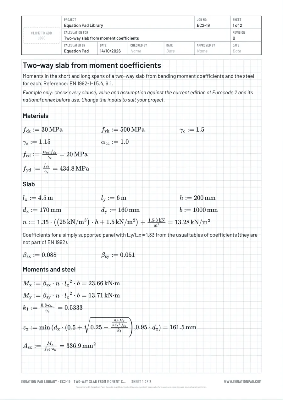Two-way slab from moment coefficients: worked example sheet in Equation Pad with typeset equations and results.