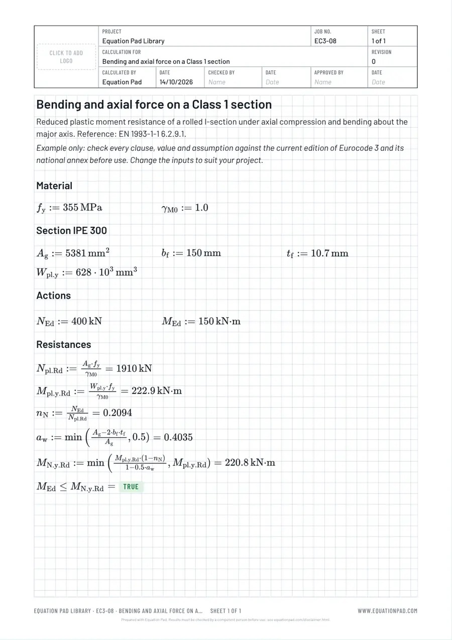 Bending and axial force on a Class 1 section: worked example sheet in Equation Pad with typeset equations and results.