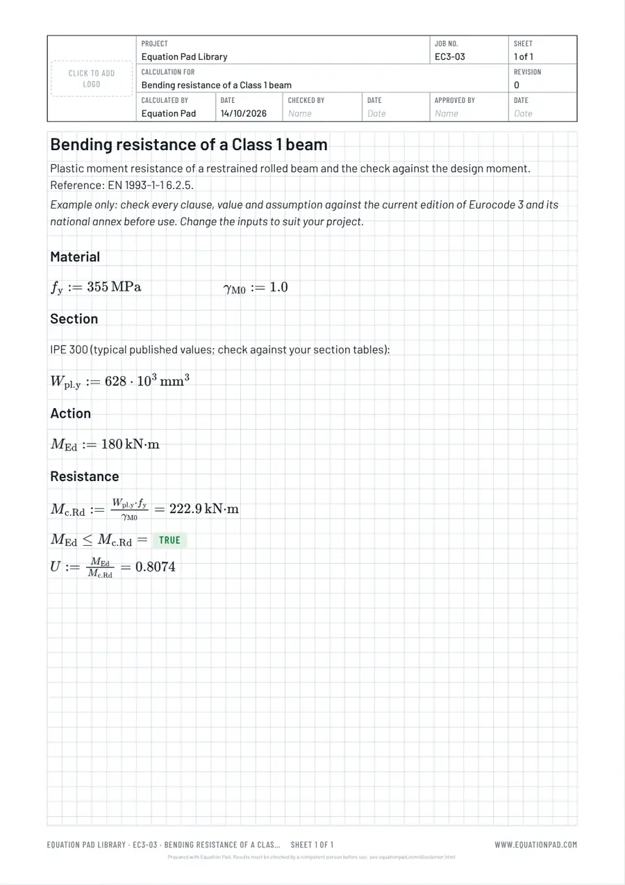 Bending resistance of a Class 1 beam: worked example sheet in Equation Pad with typeset equations and results.