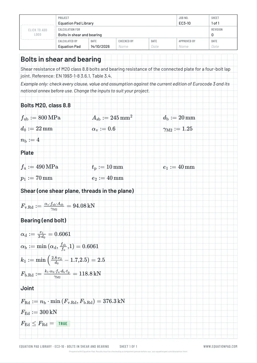 Bolts in shear and bearing: worked example sheet in Equation Pad with typeset equations and results.