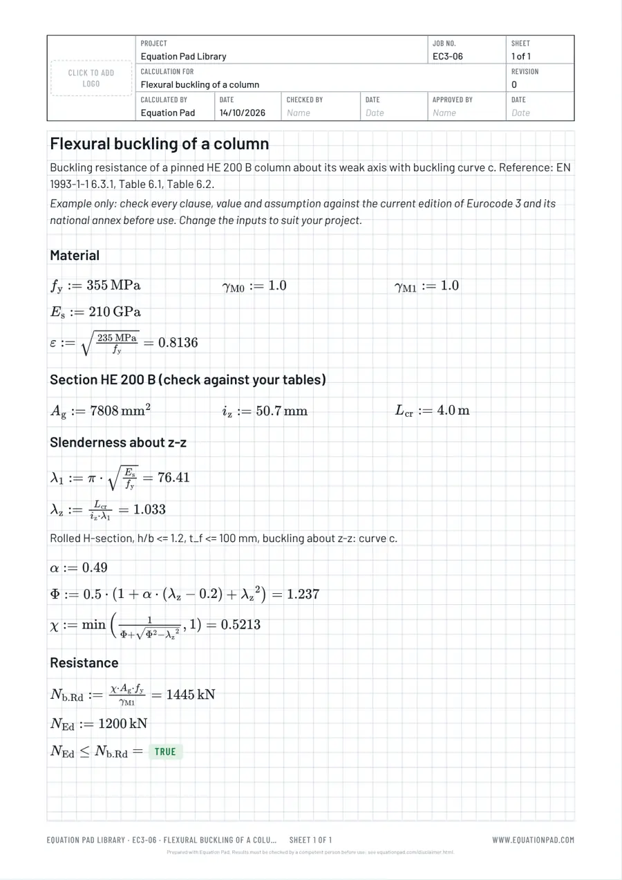 Flexural buckling of a column: worked example sheet in Equation Pad with typeset equations and results.